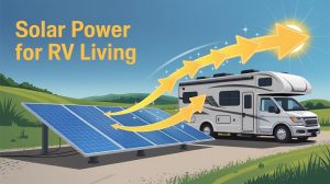 Illustration of an RV with solar panels on the roof, showing a solar energy setup with icons for battery, sun, and electricity, representing calculating solar power needs for an RV.