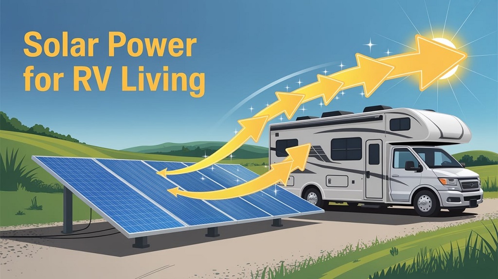 Illustration of an RV with solar panels on the roof, showing a solar energy setup with icons for battery, sun, and electricity, representing calculating solar power needs for an RV.