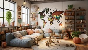 A cozy living room decorated with travel-themed decor for a relaxing staycation at home