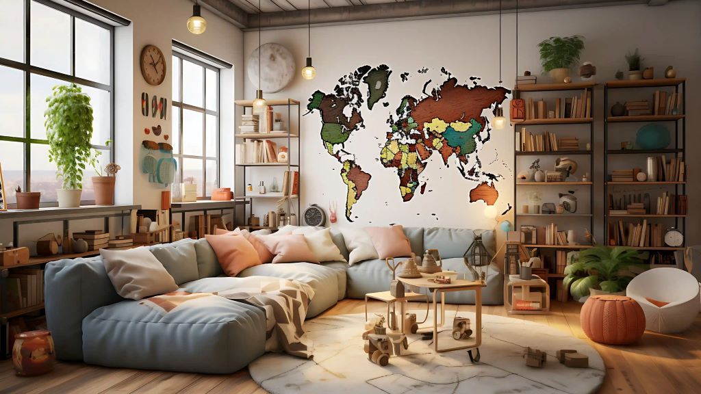 A cozy living room decorated with travel-themed decor for a relaxing staycation at home