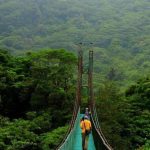 Hiker crossing hanging bridges in misty Monteverde Cloud Forest, Costa Rica, during a 7-day adventure trip.