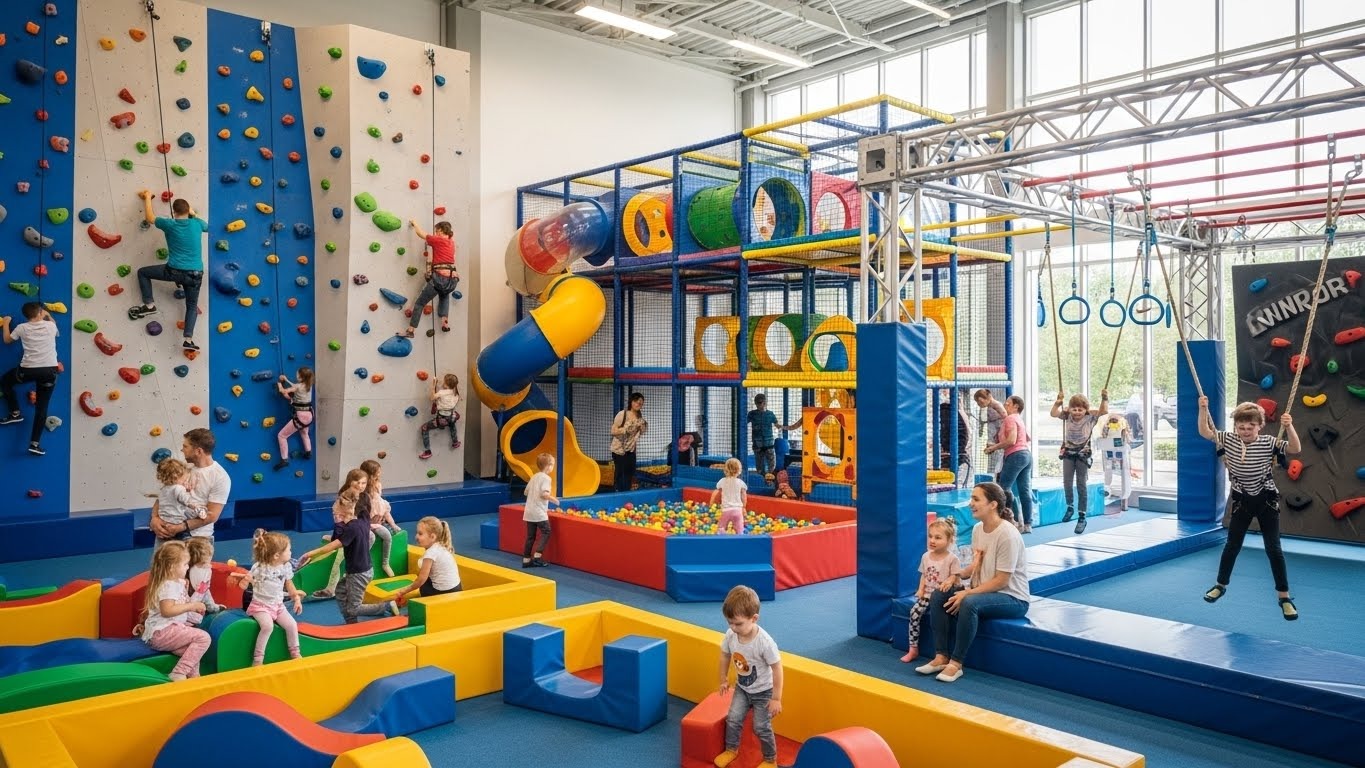 Family planning an indoor adventure day activity setup