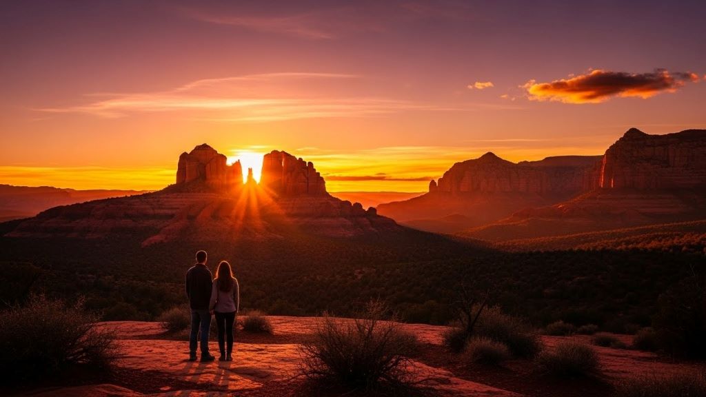Romantic sunset view over red rock formations in Sedona Arizona with couple silhouette in foreground during winter month