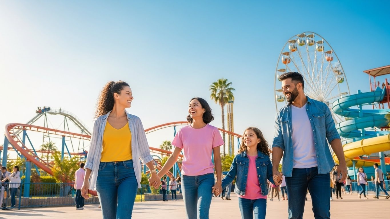 Parents planning a family fun day at an amusement park