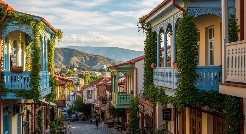 Traditional wooden balconies overhanging narrow cobblestone street in Tbilisi Georgia Old Town with mountain backdrop