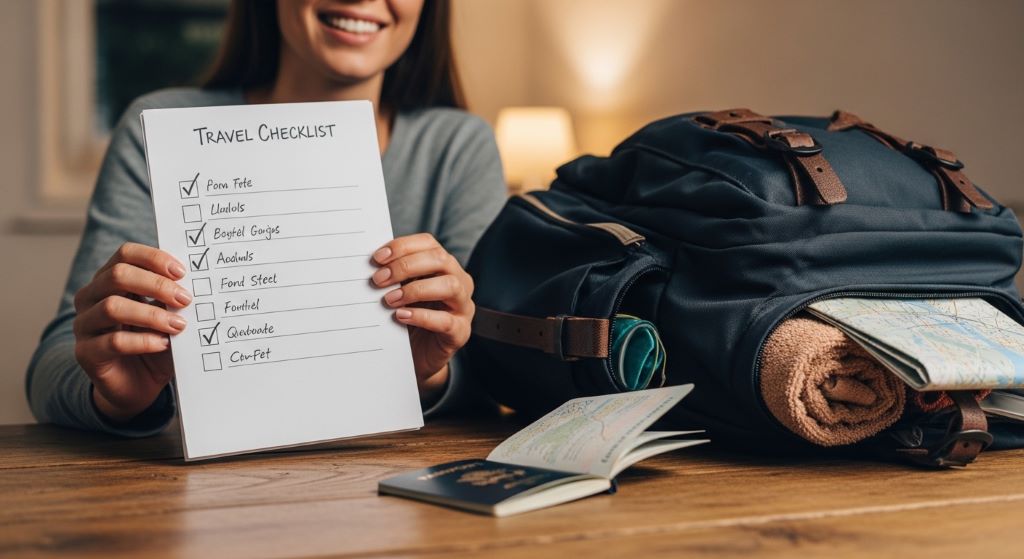 A woman holding a travel checklist beside a packed backpack and passport on a wooden table