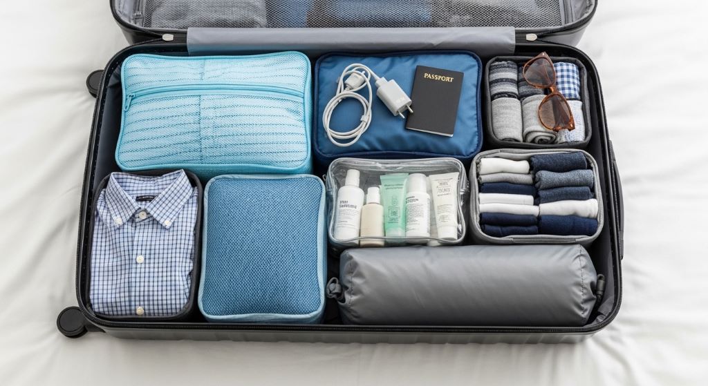 A neatly organized open suitcase with clothing, toiletries, and travel accessories arranged in packing cubes on a white bed