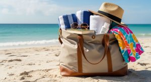 Beach tote with waterproof material holding towels and gear near ocean