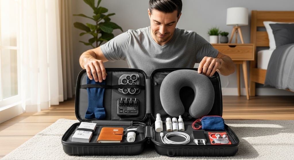 A man packing a sleek carry-on bag with neatly arranged travel gift ideas including compression socks, a travel pillow, and a universal adapter