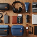 A well-organized travel flat lay showing men travel accessories including a passport holder, power bank, packing cubes, and noise-canceling headphones on a wooden surface