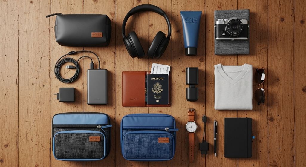 A well-organized travel flat lay showing men travel accessories including a passport holder, power bank, packing cubes, and noise-canceling headphones on a wooden surface