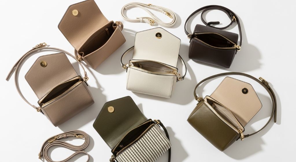 Flat lay of compact crossbody bags in neutral tones arranged on a white background
