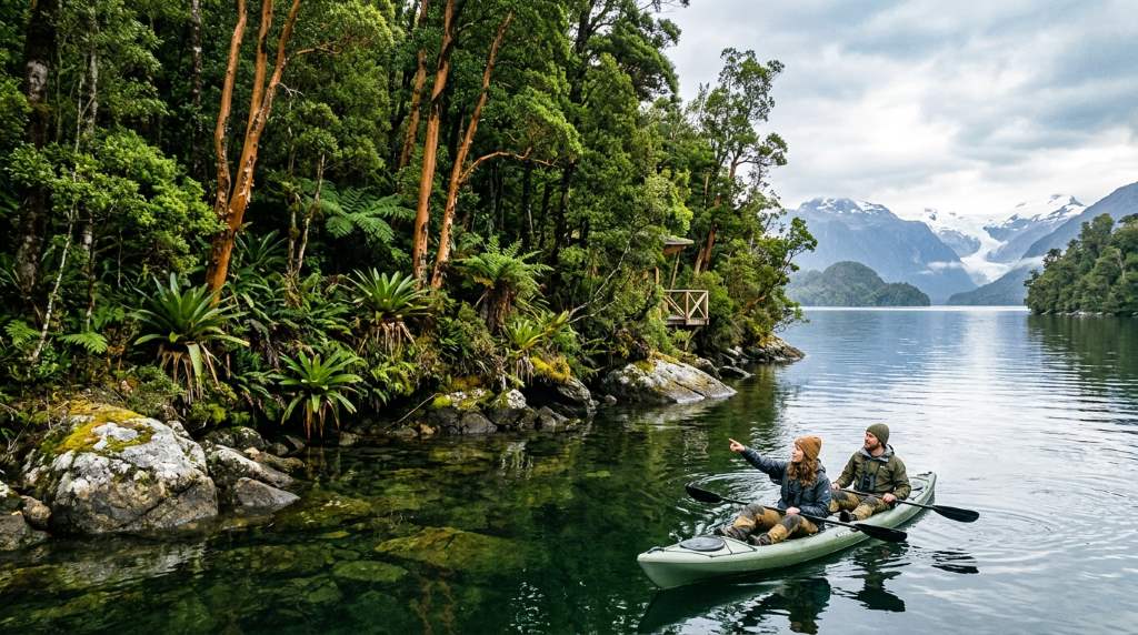 Eco travelers from Portland kayaking beside wildlife on remote Chilean islands during cool weather