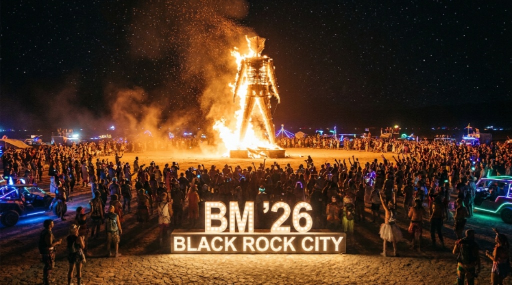 A large wooden effigy known as The Man burning against a night sky at Burning Man 2026 in the Black Rock Desert, Nevada, surrounded by a crowd of spectators