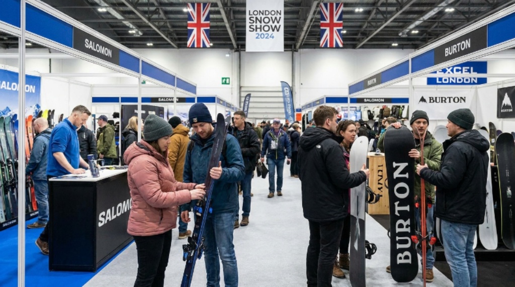 Skiers and snowboarders exploring gear at London Snow Show