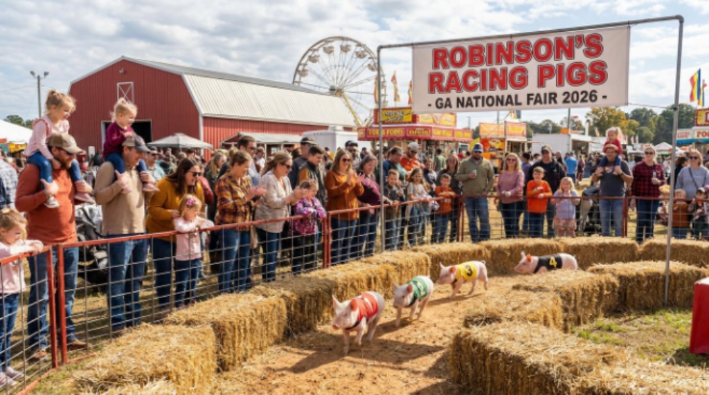 Children and parents watching Robinson's Racing Pigs event at the Georgia National Fair 2026 at the Georgia National Fairgrounds in Perry, Georgia
