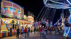 Families enjoying thrilling midway rides and carnival games lit up at night at the Georgia National Fair 2026 in Perry, Georgia