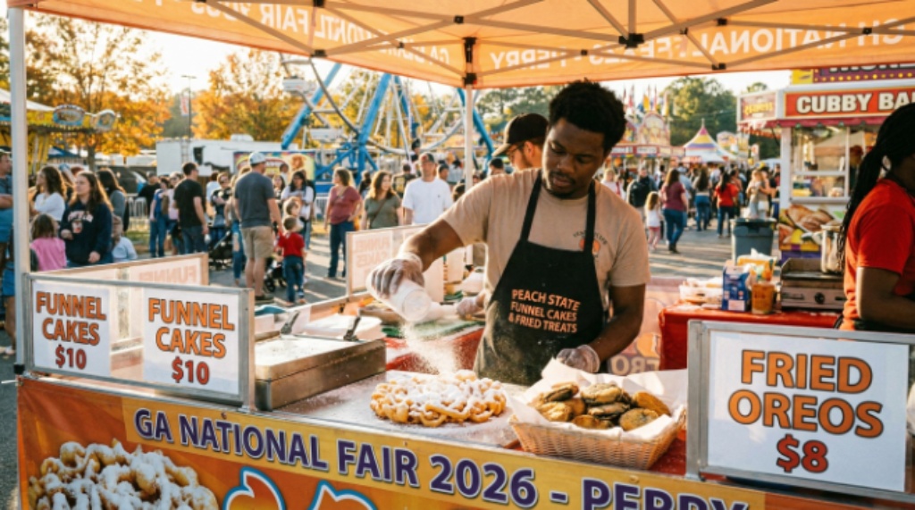 Fresh funnel cake dusted with powdered sugar and fried Oreos served at a food vendor booth at the Georgia National Fair 2026 in Perry