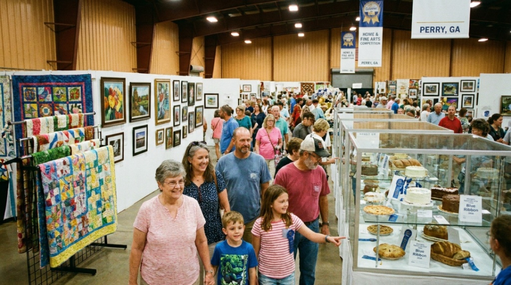 Visitors browsing home and fine arts competition entries including quilts, paintings, and baked goods in the exhibit halls at the Georgia National Fair 2026 in Perry, Georgia