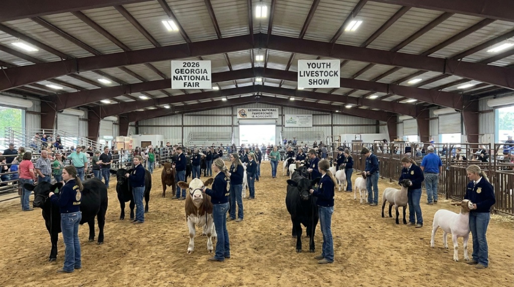 Young competitors presenting livestock at the youth livestock show inside the Georgia National Fairgrounds and Agricenter during the 2026 Georgia National Fair