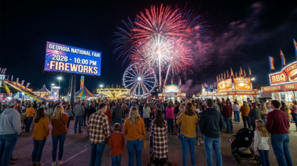 Families watching the 10 PM fireworks show from the open midway area at the Georgia National Fair 2026 at the Georgia National Fairgrounds in Perry
