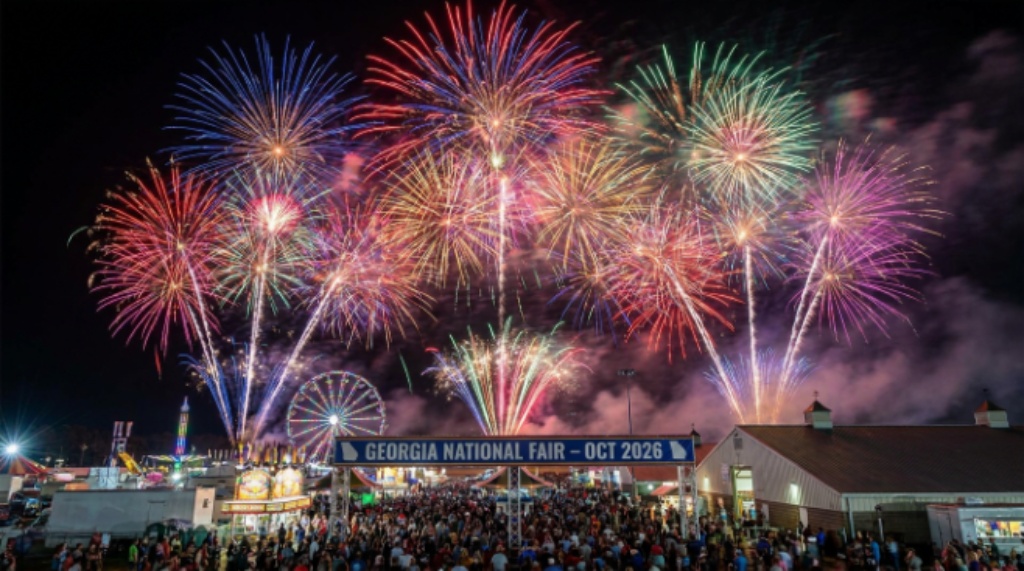 Colorful nightly fireworks lighting up the sky above the Georgia National Fairgrounds in Perry Georgia during the 2026 Georgia National Fair in October