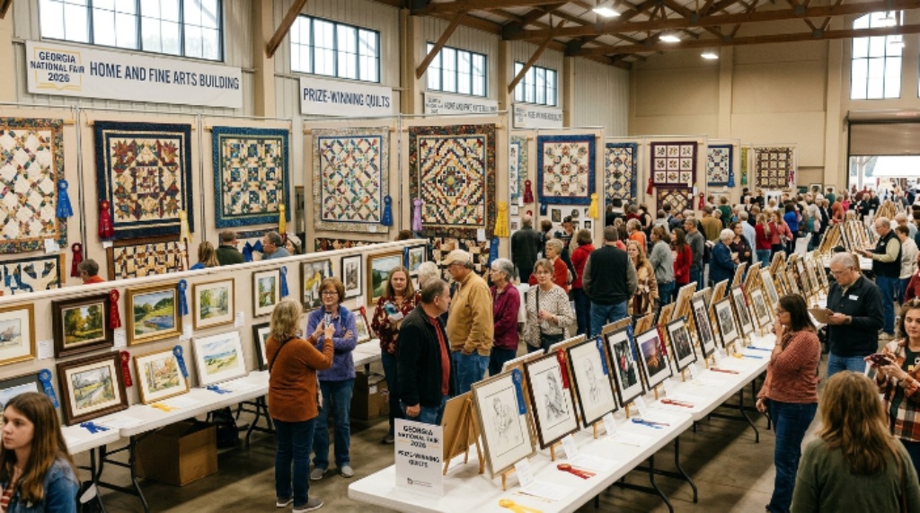Prize-winning quilts and fine arts competition entries on display inside the Home and Fine Arts building at the Georgia National Fair 2026
