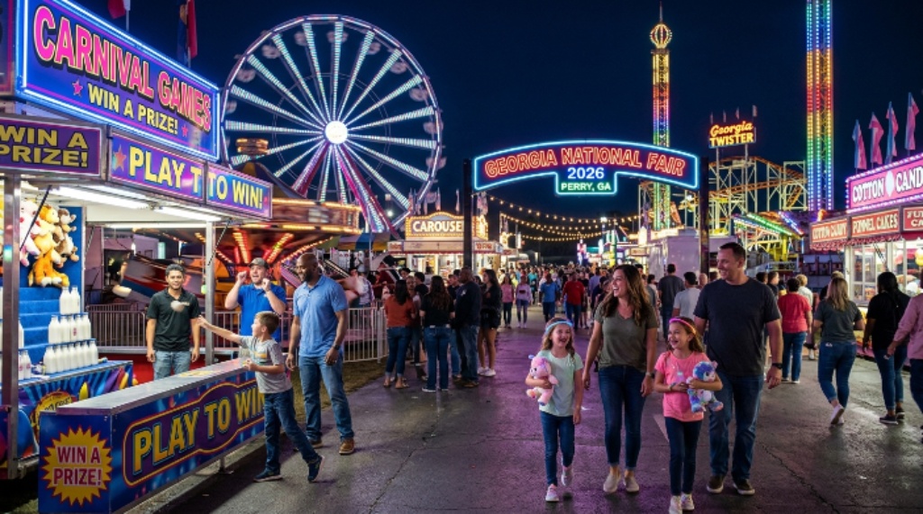 Children and adults enjoying midway rides and carnival games under bright neon lights at the Georgia National Fair 2026 in Perry, Georgia