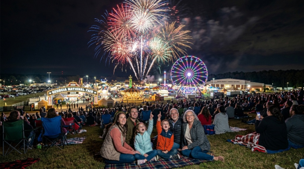 Families watching nightly fireworks light up the sky above the Georgia National Fairgrounds in Perry during the Georgia National Fair 2026