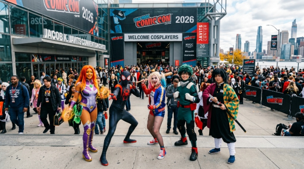 Colorful cosplay characters posing outside the Jacob K. Javits Convention Center at New York Comic Con 2026