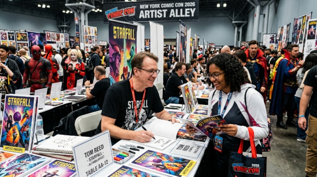 Comic book artist signing autographs at Artist Alley during New York Comic Con 2026