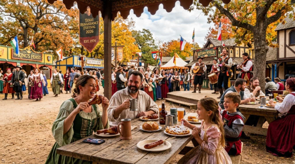 Families enjoying food and entertainment at the Texas Renaissance Festival autumn season 2026