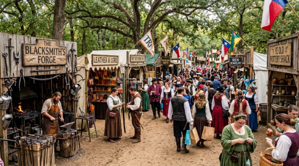 Artisan market stalls with handmade goods at the Texas Renaissance Festival in Todd Mission Texas