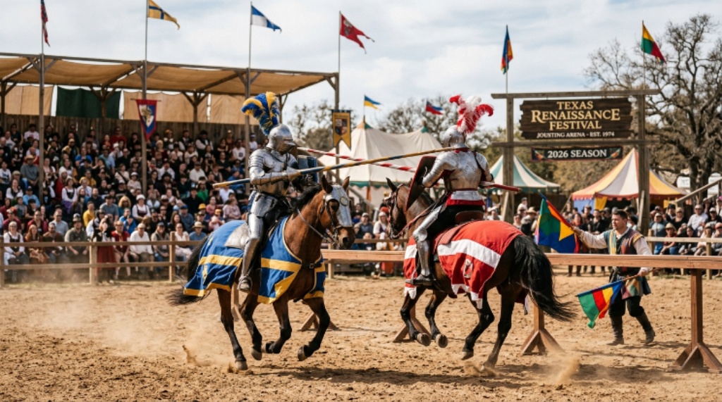 Costumed performers jousting on horseback at the Texas Renaissance Festival 2026