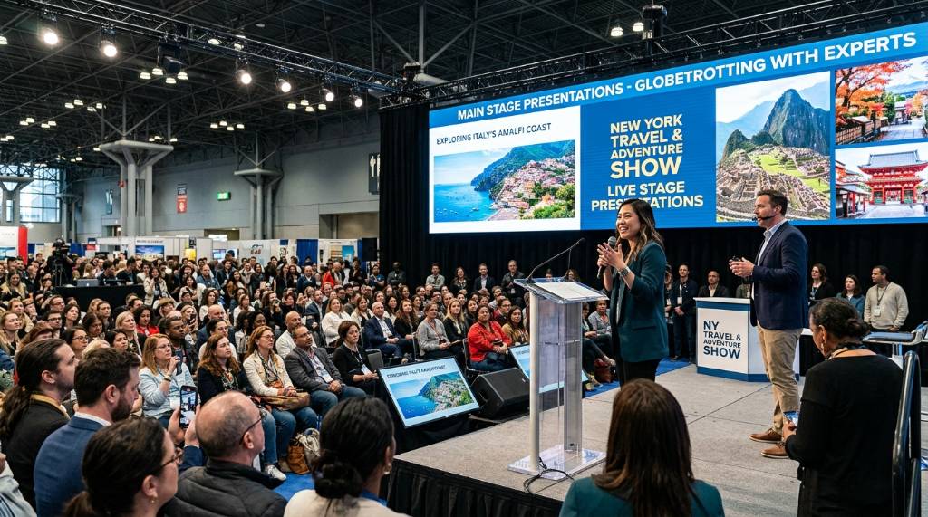 Live stage presentation at the New York Travel and Adventure Show with speakers sharing global travel destinations