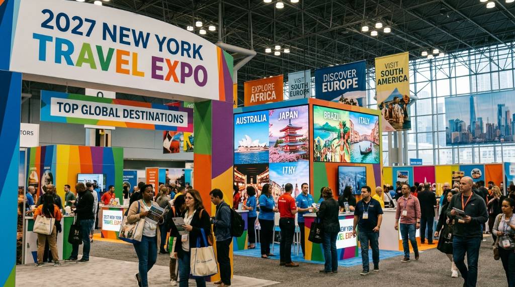Colorful travel exhibit displays featuring top global destinations at the 2027 New York travel expo